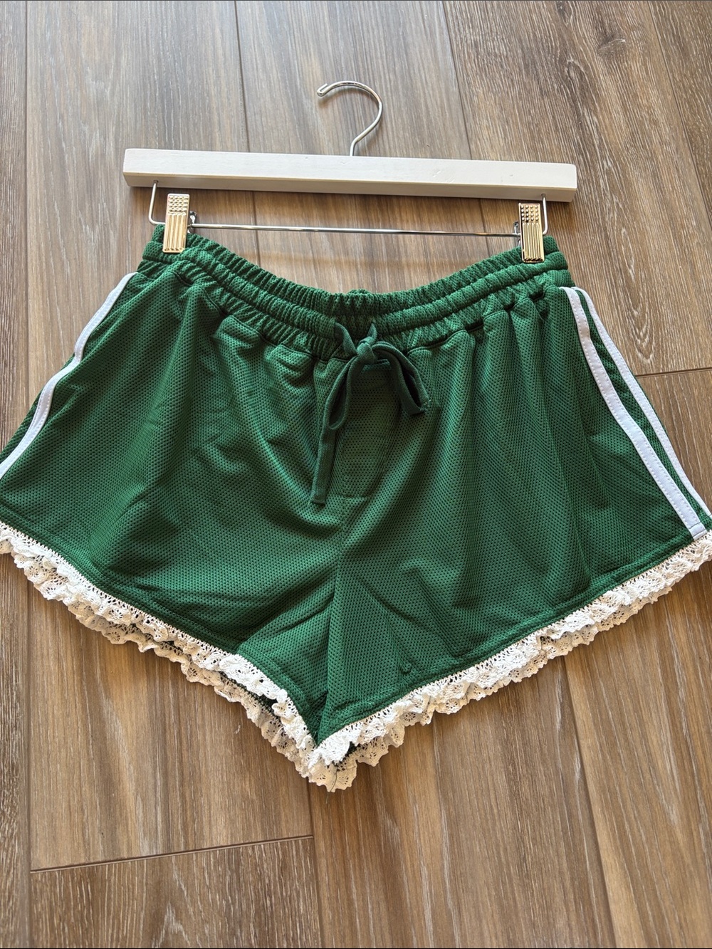 Le Lis Green Mesh Athletic Shorts with White Lace Trim